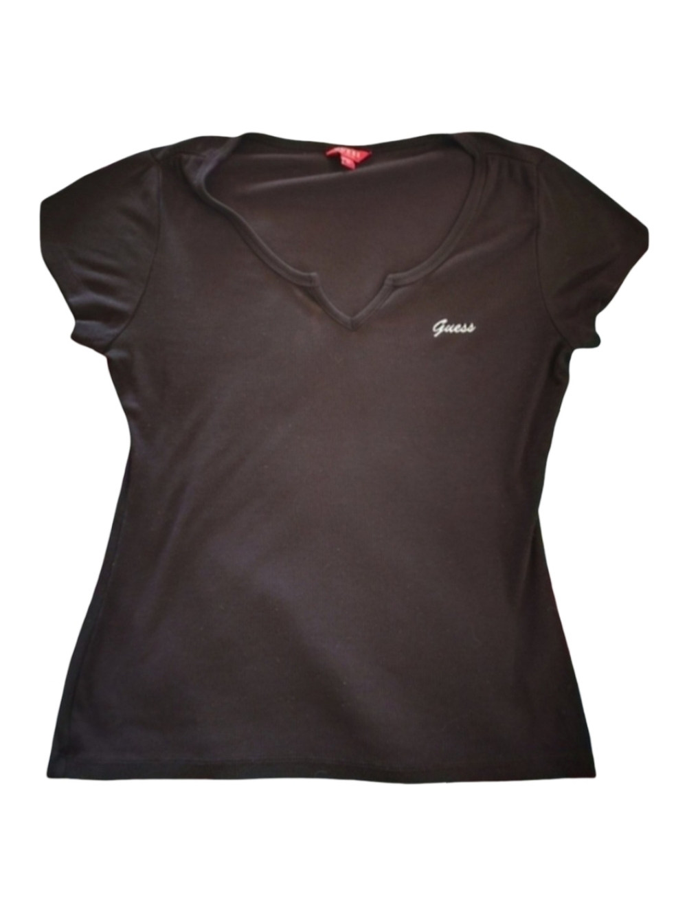 GUESS Black Notch V-Neck Ribbed Tee Cap Sleeve Script Logo Top XL Y2K